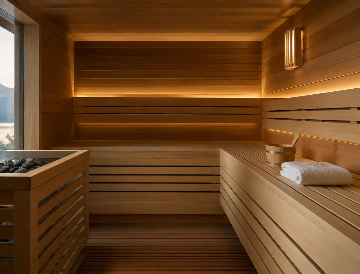 Warm timber sauna interior for recovery